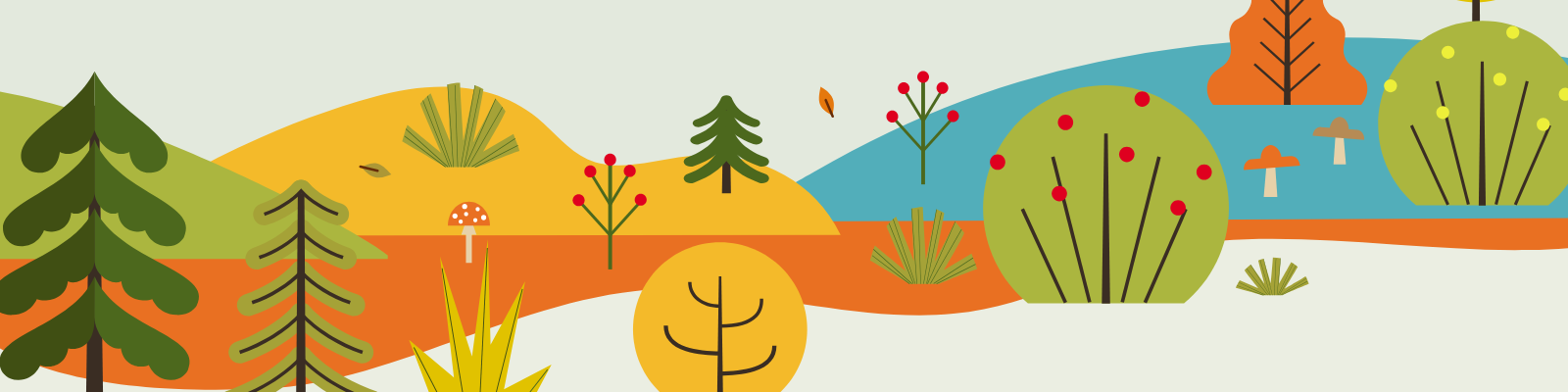 Illustrated fall elements including trees and shrubs
