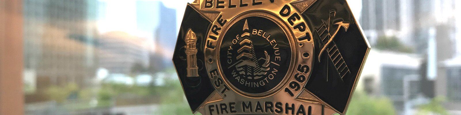 Close up photo of the Fire Marshal badge with blurred city scape in the background. 