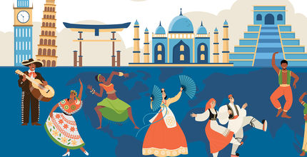 Illustration of musicians and dancers of various cultural backgrounds