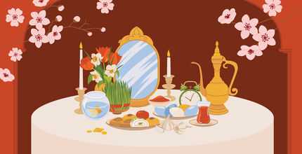 Illustration of a haft-seen, a table setting featuring objects symbolic of Nowruz