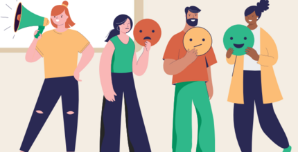 Four people stand in a row in playful poses.