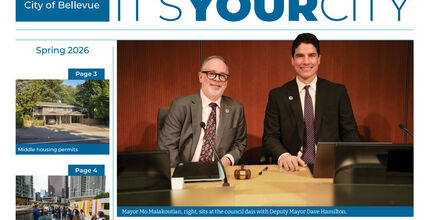 Front page of the spring 2026 issue of It's Your City, with photo of Mayor Malakoutian and Deputy Mayor Hamilton 