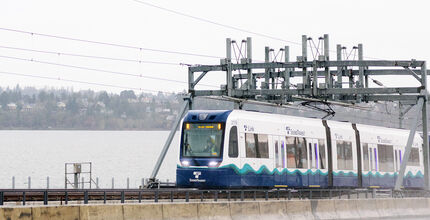 A Sound Transit light rail train does a test crossing across Lake Washington. Sound Transit photo