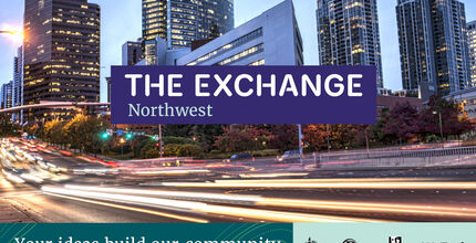 Image of Bellevue downtown street and skyline with text saying The Exchange Northwest - Your Ideas Build Our Community