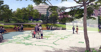In a visualization created by MIG, people stand at a park, with a space marked where a monument would be.