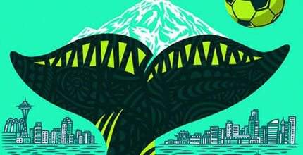 The Seattle World Cup poster by Shogo Ota is bright green, with Mount Rainier, a whale's fluke and a soccer ball in it.