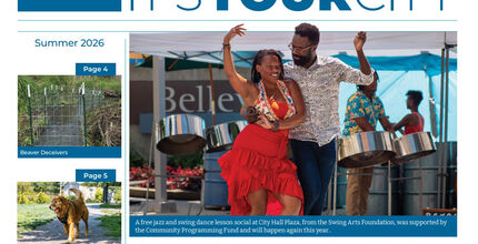Front page of the newsletter, which shows a picture of a couple dancing at a city-supported event.