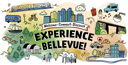 Collage of illustrations featuring Bellevue landmarks