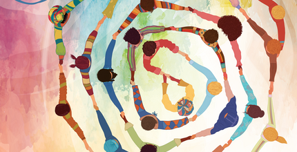Illustration shows people holding hands in concentric circles.