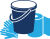 Image of a bucket, gloves and paper towels in a clip art graphic style.