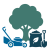 Image of a tree, lawnmower and soil in a clip art style representing natural yard care.
