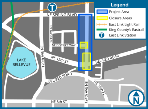 Project and closure map 124th Ave NE - NE 12th St to NE Spring Blvd