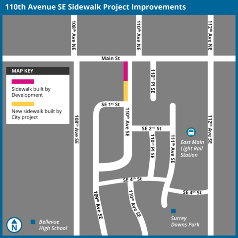 110th Avenue southeast sidewalk project improvements map depicting portion of new sidewalk that will be built by the city on 110th Avenue southeast