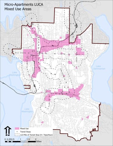 A map of Bellevue that shows the mixed use areas of Bellevue that allow for both multi-family an commercial uses highlighted in pink and the areas within one-half mile of public transportation that have four or more trips per hour are shown within the dashed lines. For additional details on this map and for assistance with information communicated in this graphic, please contact Mathieu Menard, Senior Planner with Development Services at 425-452-5264 or mmenard@bellevuewa.gov.