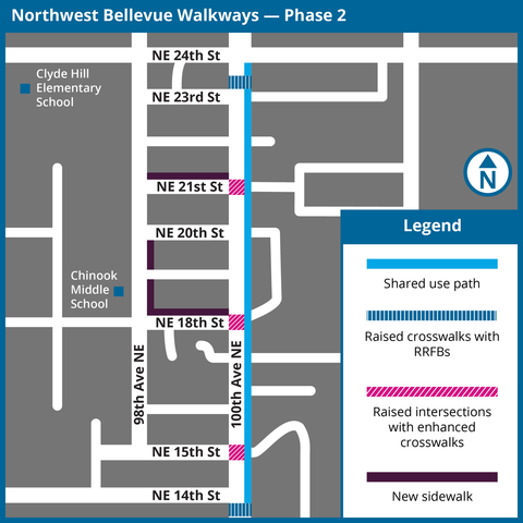 A map showing the project area of the NW Bellevue Walkways Phase 2 project