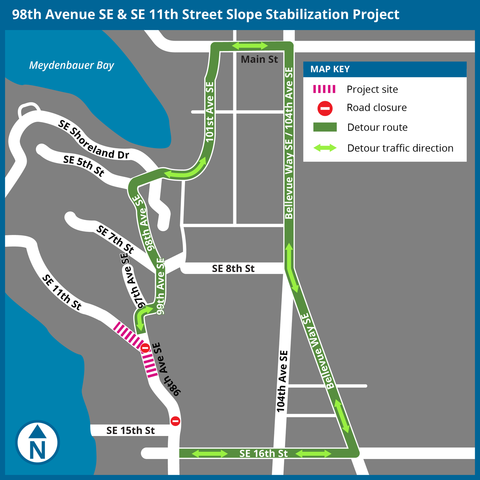 A map showing the area of construction for the 98th Avenue SE slope stabilization project. It also shows the detour via SE 16th Street, Bellevue Way SE, Main Street, 101st Avenue SE, 98th Avenue SE and 99th Avenue SE.