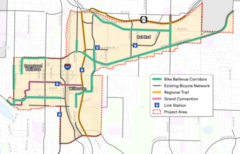 A map of the Bike Bellevue project area, which includes the areas of Downtown, BelRed and Wilburton.