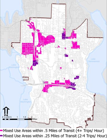 A map of Bellevue that shows the mixed-use areas of Bellevue that allow for both multi-family an commercial uses highlighted in pink and the areas within one-half mile of public transportation that have four or more trips per hour are shown within the dashed lines. For additional details on this map and for assistance with information communicated in this graphic, please contact Mathieu Menard, Senior Planner with Development Services at 425-452-5264 or mmenard@bellevuewa.gov.