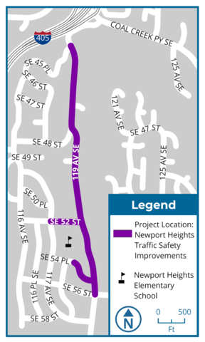 A map showing the locations of the Newport Heights Traffic Safety Improvements.