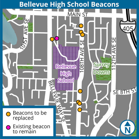 A map showing the location of flashing beacons near Bellevue High School.