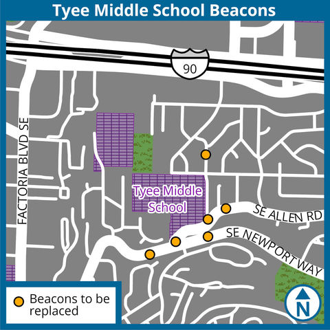 A map showing the location of flashing beacons near Tyee Middle School.