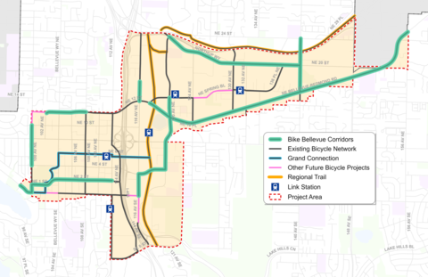 A map showing the portions of streets that are included in Bike Bellevue.