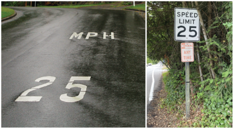 Two photos are shown side by side. On the left, large white letters on a roadway read "25 MPH". On the right is a speed limit sign. It is mounted on a pole on the side of a neighborhood road.