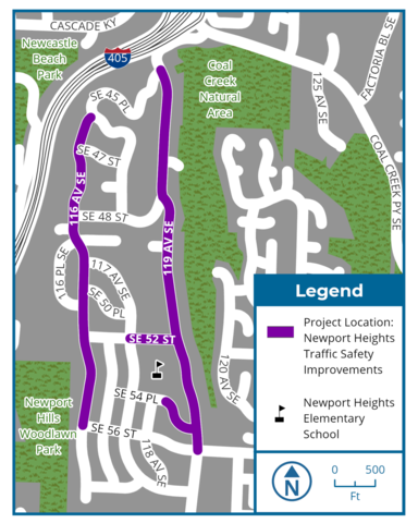 A map showing the locations of the Newport Heights traffic safety improvement projects.
