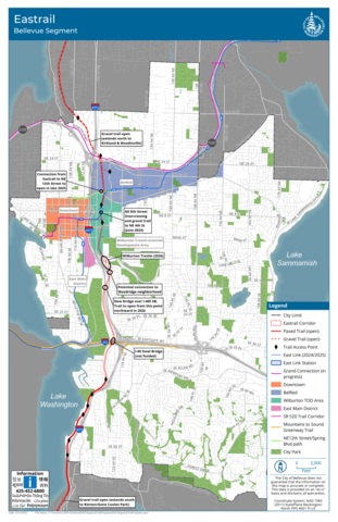 A map showing the Eastrail trail corridor in Bellevue