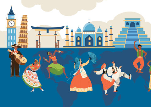 Illustration shows dancers and musicians of various cultural backgrounds along with landmarks from various countries.