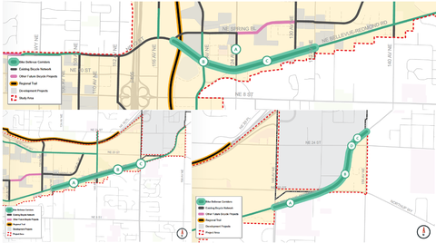 A map showing a proposed bike route along NE 12th St/Bel-Red Road
