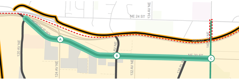 A map showing a proposed bike route along Northup Way