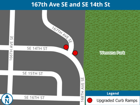 A map showing the locations of upgraded curb ramps on 167th Ave SE