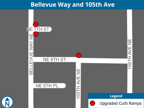 A map showing the locations of upgraded curb ramps at Bellevue Way and NE 7th Street, and at NE 6th Street and 105th Ave NE