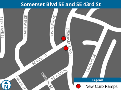 A map showing the locations of upgraded curb ramps on Somerset Blvd SE