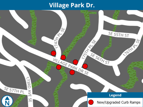 A map showing the locations of upgraded curb ramps on Village Park Drive