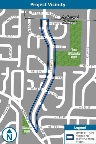 A map showing the project area of the 173rd Avenue NE traffic calming project, It spans from the Redmond/Bellevue border on the north end to Northup way on the south end.