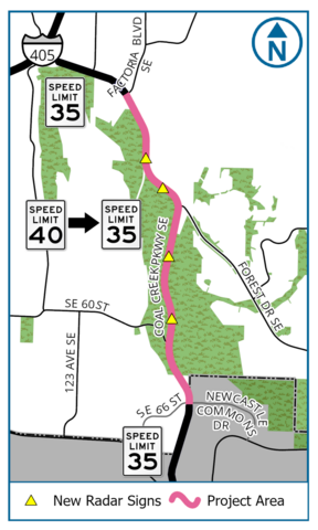 A map showing the project area of the Coal Creek Parkway Safety Improvements project. It extends from Factoria Blvde SE south to Newcastle Commons Drive.