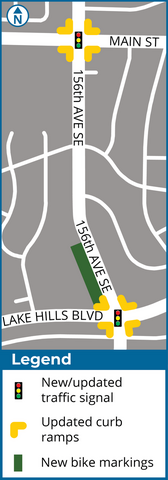 A map showing upgraded curb ramps at the intersections of 156th Avenue and Main street and 156th Avenue SE and Lake Hills Blvd. Both intersections also have a new or upgraded traffic signal. There are new bike markings southbound just north of the Lake Hills Blvd intersection.