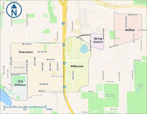 A map with Old Bellevue, Downtown, Wilburton, Spring District and BelRed shaded and labeled.