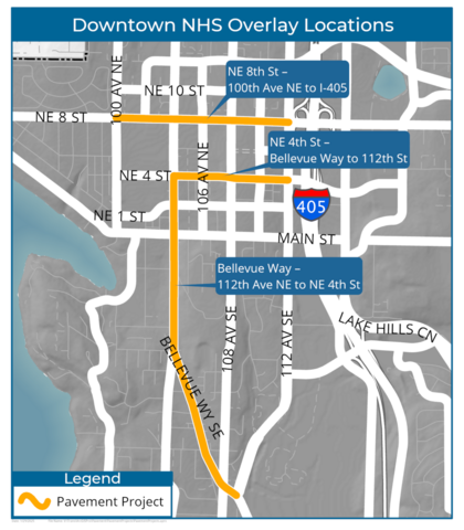 yellow lines on the streets showing the downtown overlay project locations