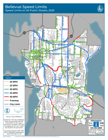 A map showing all the speed limits on streets in Bellevue