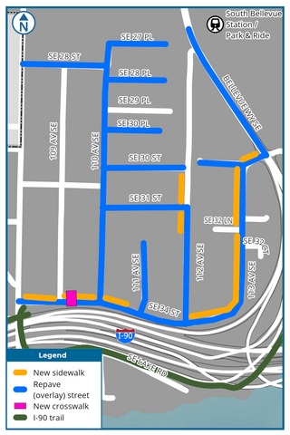 A map showing the location of sidewalks and repaving near the South Bellevue Station