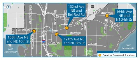 A map showing the locations of the Creative Crosswalk Designs project.
