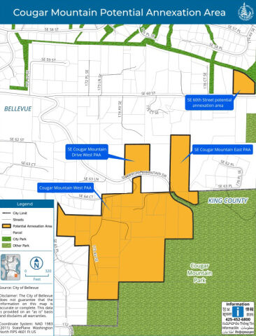Map shows potential annexation areas shaded in yellow, abutting the Cougar Mountain natural area