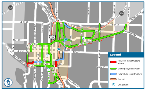Map of Phase 1 bike infrastructure projects for the Urban Core Bike Network