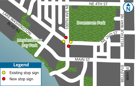 Project area map new stop signs at the intersection of 100th Ave NE and NE 1st Street