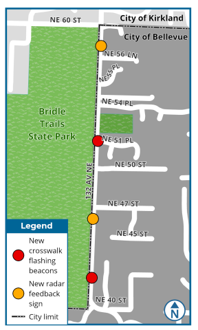 Project area map showing planned locations for RRFB and radar feedback signs along 132nd Ave NE between NE 40-NE 60th Streets