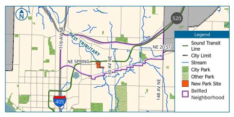 Map showing outline of the BelRed Neighborhood and location of future park