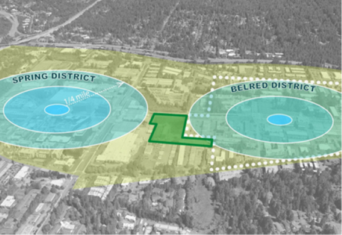Aerial image of Bellevue highlighting the Spring District, BelRed District, and future site of the BelRed Neighborhood Park.